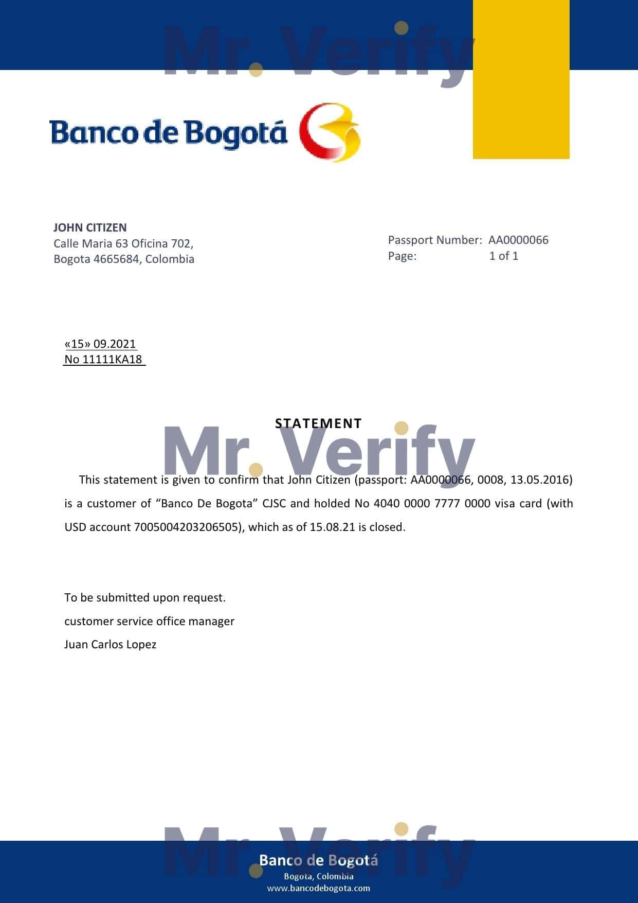Colombia Banco de Bogotá bank account closure reference letter template in Word and PDF format Colombia Banco de Bogotá bank account closure reference letter template in Word and PDF format