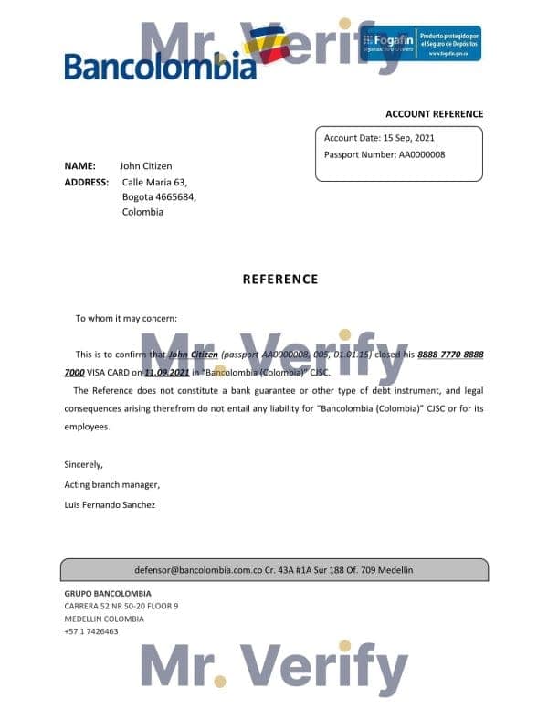Colombia Bancolombia bank account reference letter template in Word and PDF format Colombia Bancolombia bank account reference letter template in Word and PDF format