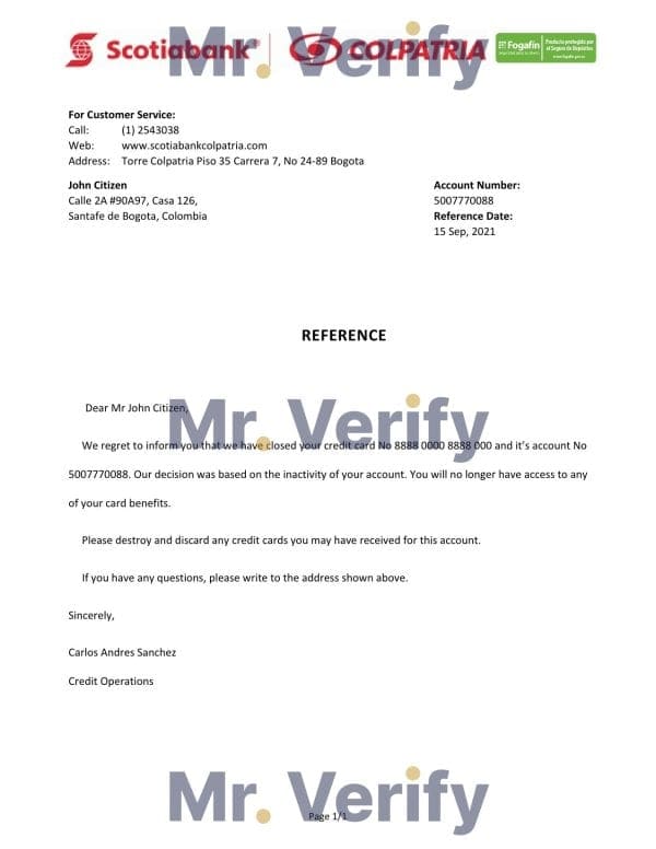 Colombia Scotiabank Colpatria bank account closure reference letter template in Word and PDF format Colombia Scotiabank Colpatria bank account closure reference letter template in Word and PDF format
