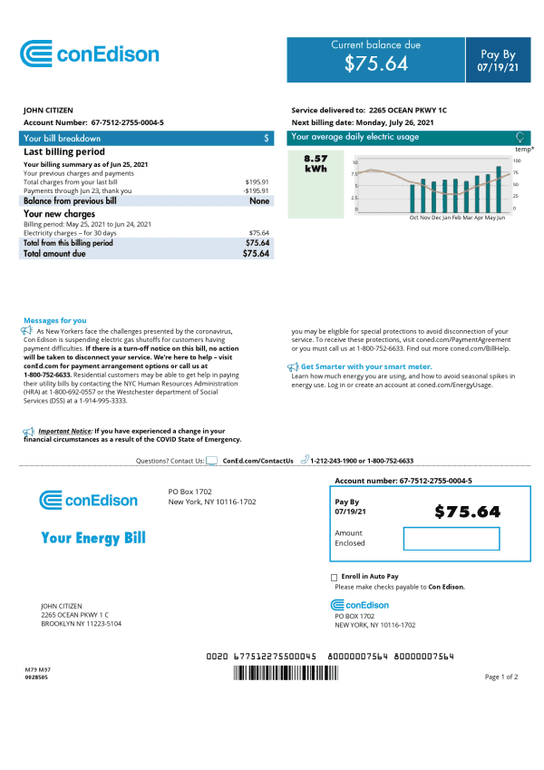 USA Con Edison utility bill template in Word and PDF format, 2 pages (2021 April – present)
