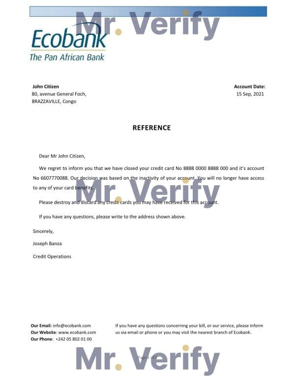 Congo Ecobank bank account closure reference letter template in Word and PDF format Congo Ecobank bank account closure reference letter template in Word and PDF format