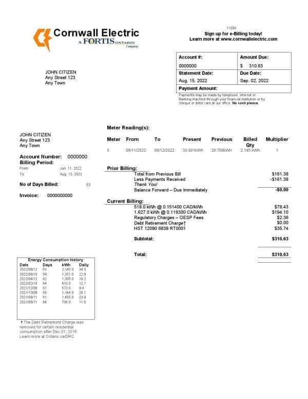 Cornwall.jpg USA Cornwall Electric utility bill template in Word and PDF format