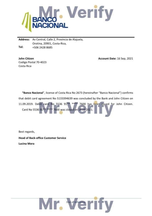 Costa Rica Banco Nacional de Costa Rica bank account closure reference letter template in Word and PDF format Costa Rica Banco Nacional de Costa Rica bank account closure reference letter template in Word and PDF format