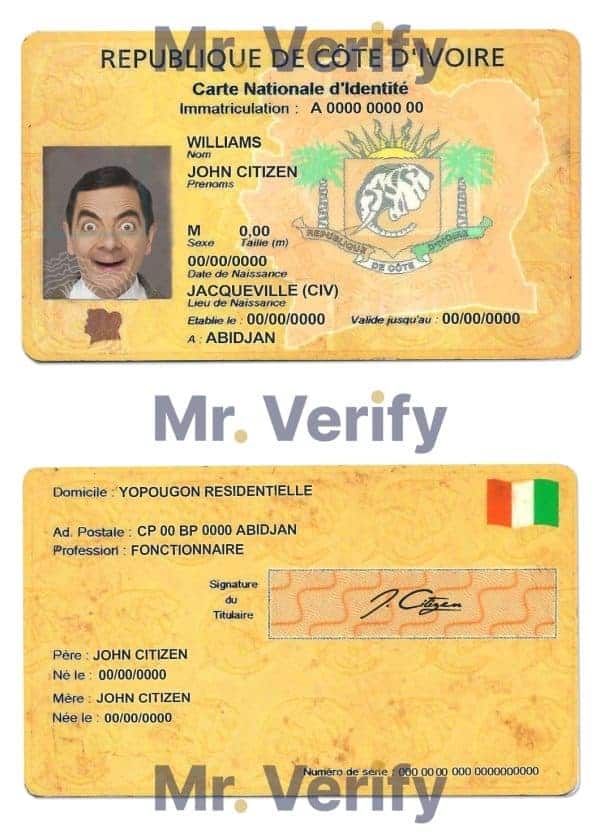Cote D’Ivoire ID card template in PSD format, fully editable