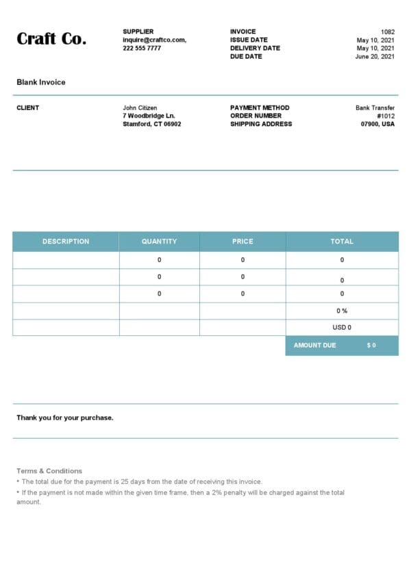 USA Craft Co. invoice template in Word and PDF format, fully editable