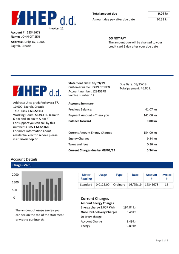 Croatia Hrvatska Elektroprivreda electricity utility bill template in Word and PDF format
