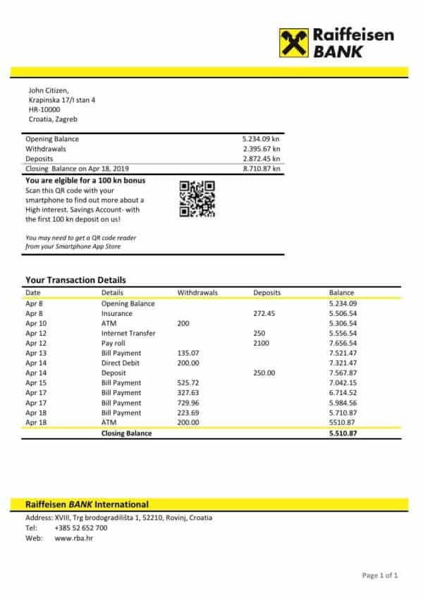 Croatia Raiffeisen Bank statement template, Word and PDF format (.doc and .pdf)