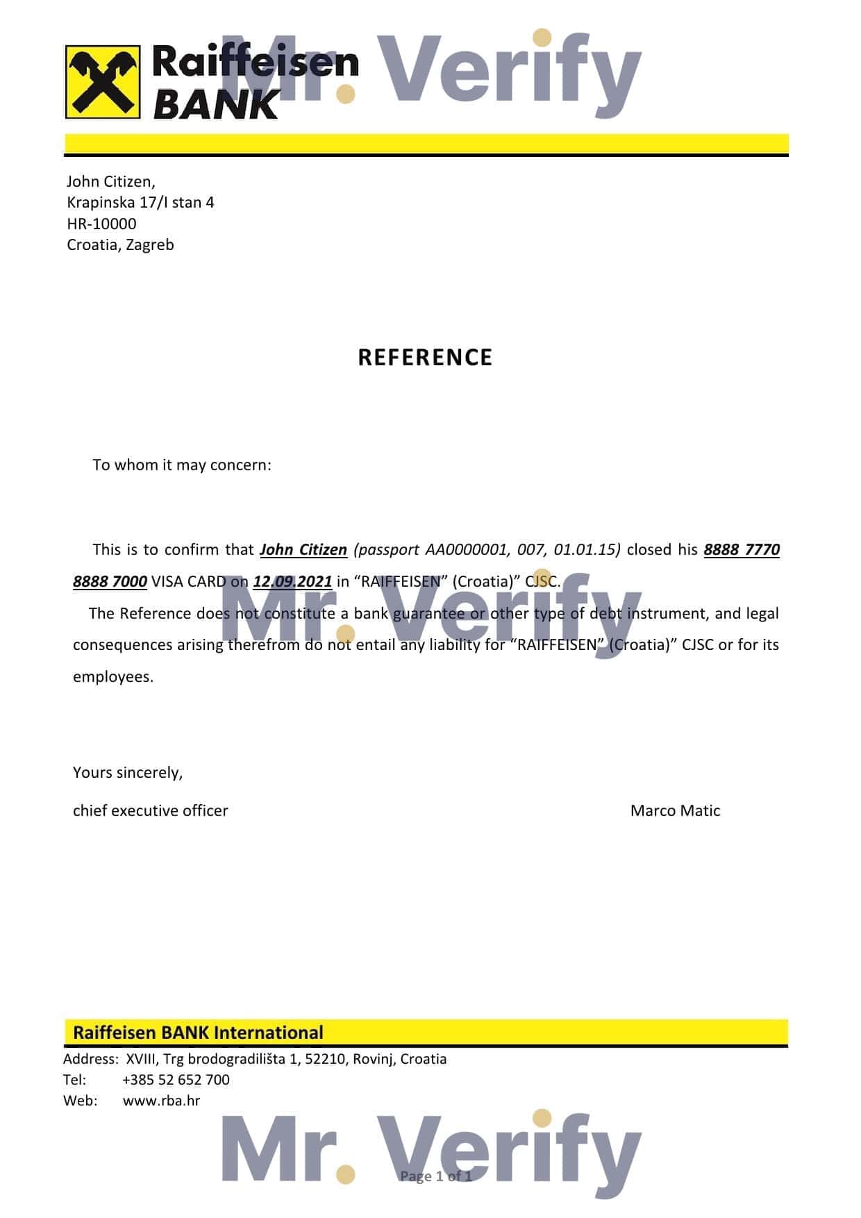Croatia Raiffeisen Bank account closure reference letter template in Word and PDF format Croatia Raiffeisen Bank account closure reference letter template in Word and PDF format