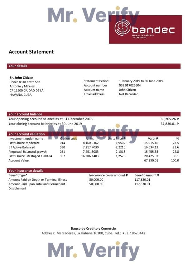 Cuba Bandec Banco de Credito y Comercio bank statement easy to fill template in .xls and .pdf file format
