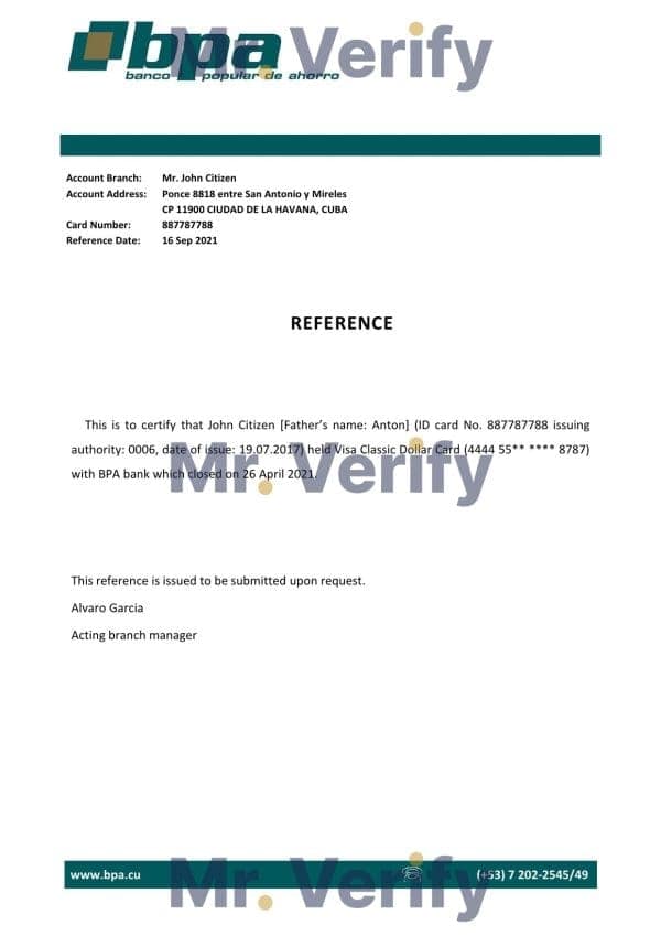 Cuba Banco Popular de Ahorro (BPA) bank account closure reference letter template in Word and PDF format Cuba Banco Popular de Ahorro (BPA) bank account closure reference letter template in Word and PDF format