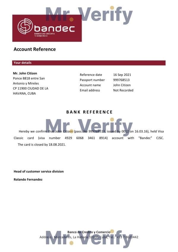 Cuba Bandec Banco de Credito y Comercio bank account closure reference letter template in Word and PDF format Cuba Bandec Banco de Credito y Comercio bank account closure reference letter template in Word and PDF format