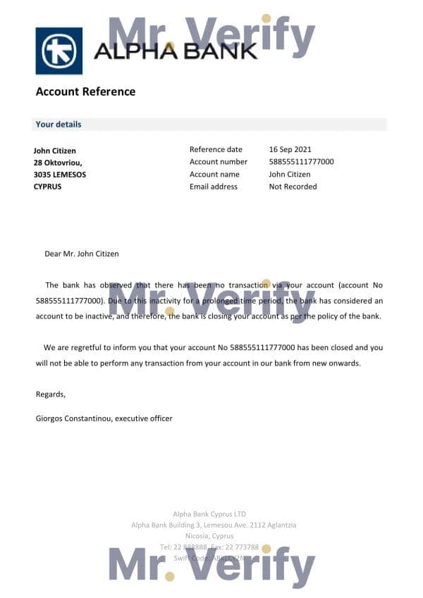 Cyprus Alpha Bank account closure reference letter template in Word and PDF format Cyprus Alpha Bank account closure reference letter template in Word and PDF format