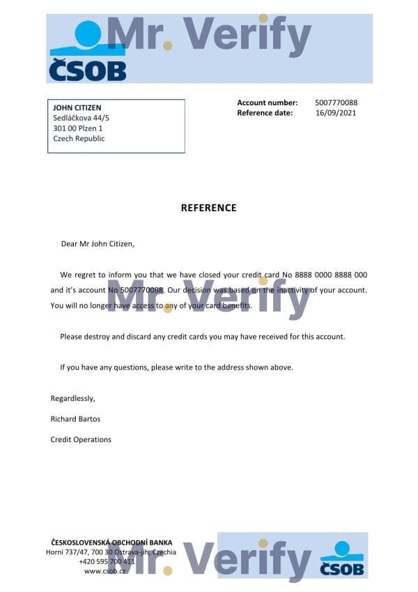 Czech Republic Československá Obchodní Banka account closure reference letter template in Word and PDF format