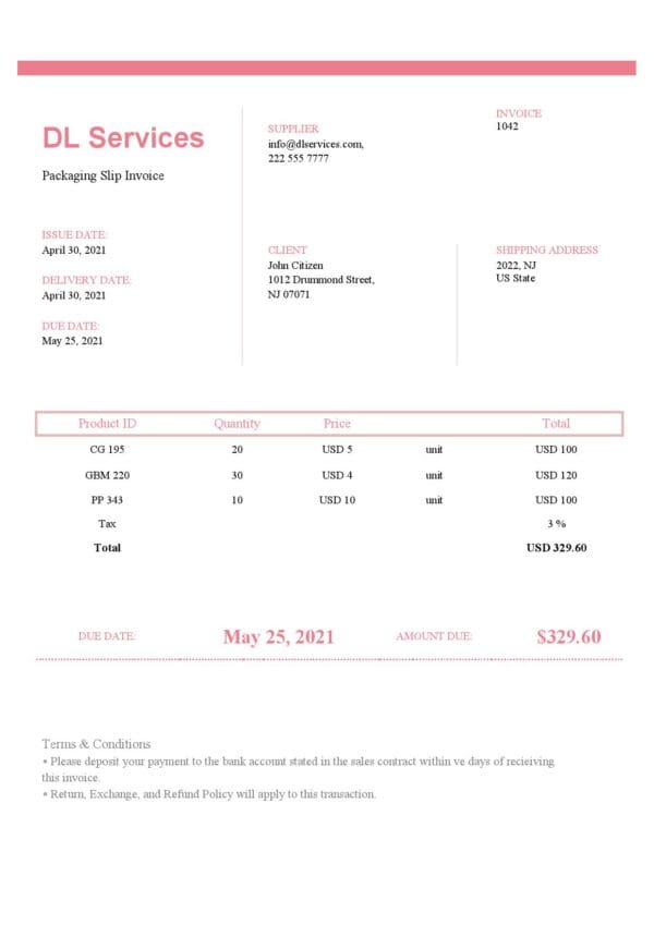 USA DL Services invoice template in Word and PDF format, fully editable