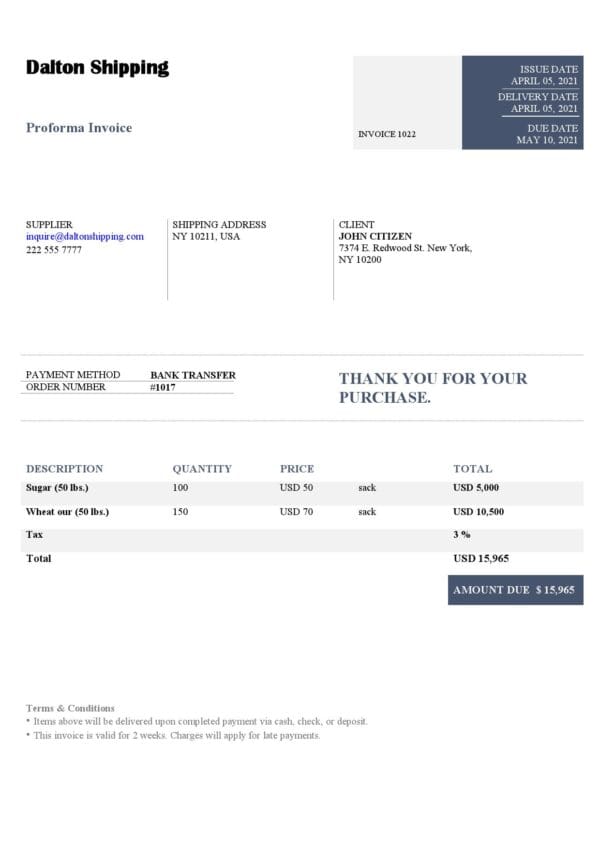 USA Dalton Shipping invoice template in Word and PDF format, fully editable
