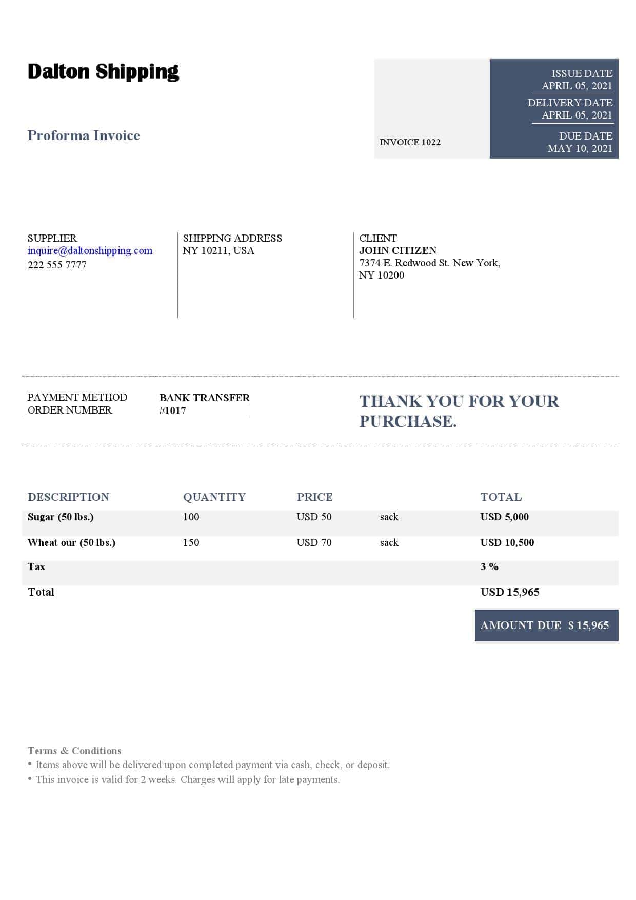 USA Dalton Shipping invoice template in Word and PDF format, fully editable USA Dalton Shipping invoice template in Word and PDF format, fully editable
