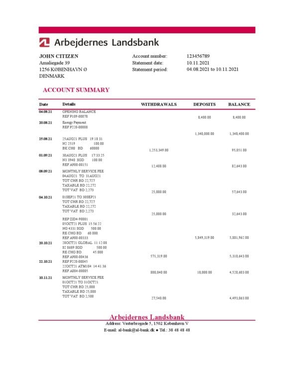 Denmark Arbejdernes Landsbank bank statement easy to fill template in Excel and PDF format