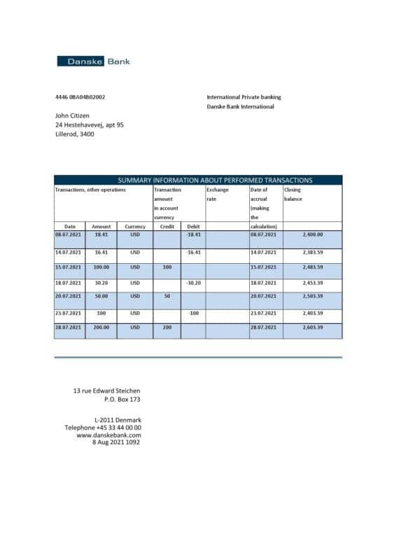 Denmark Danskebank bank statement easy to fill template in Excel and PDF format