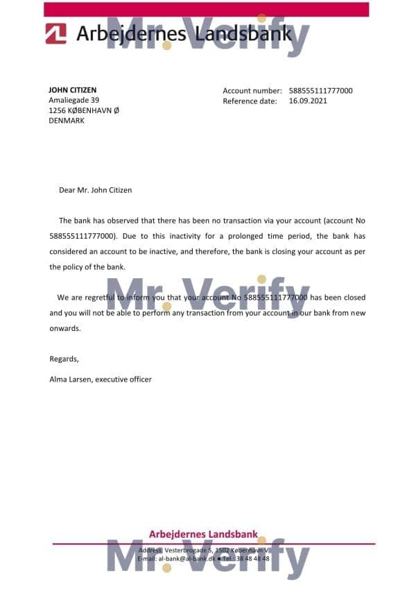Denmark Arbejdernes Landsbank bank account closure reference letter template in Word and PDF format