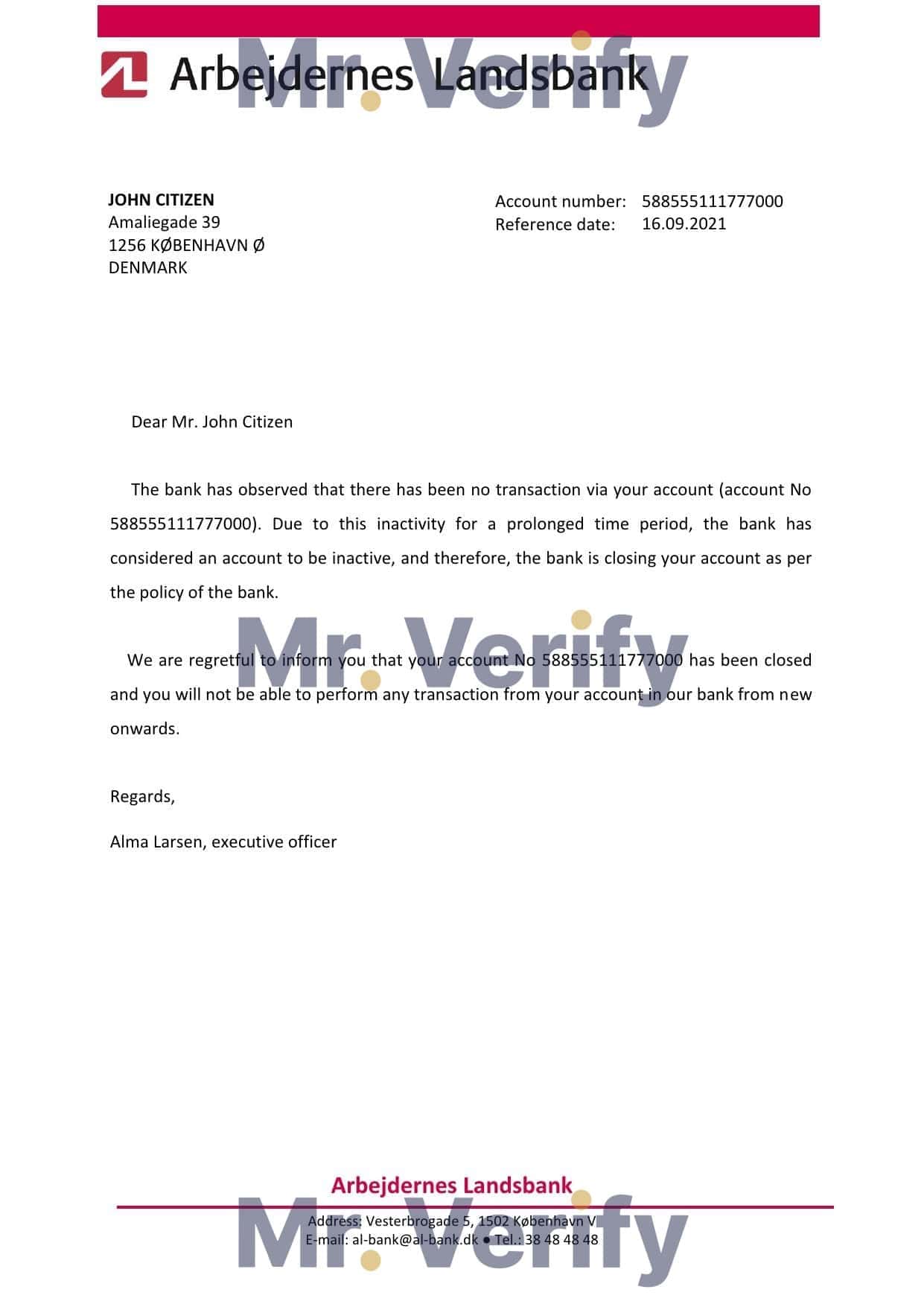 Denmark Arbejdernes Landsbank bank account closure reference letter template in Word and PDF format Denmark Arbejdernes Landsbank bank account closure reference letter template in Word and PDF format