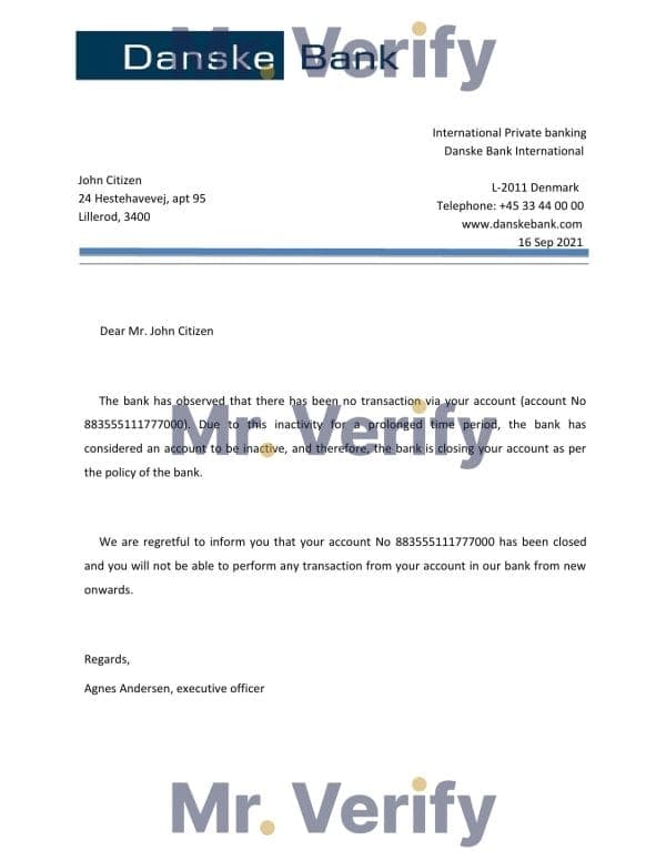 Denmark Danskebank bank account closure reference letter template in Word and PDF format