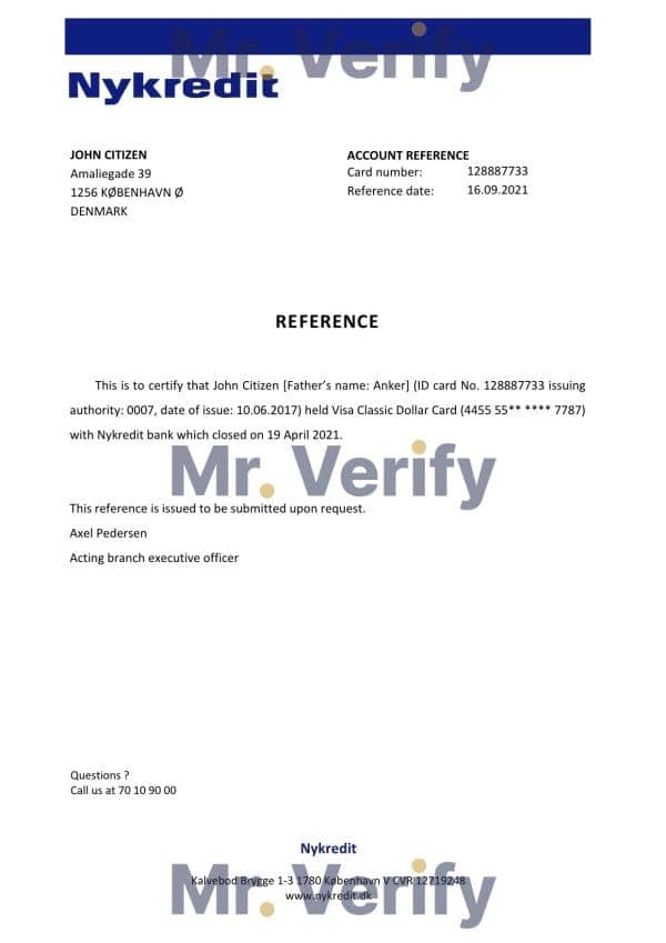 Denmark Nykredit bank account closure reference letter template in Word and PDF format