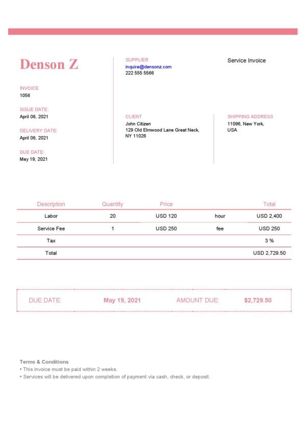 USA Denson Z invoice template in Word and PDF format, fully editable