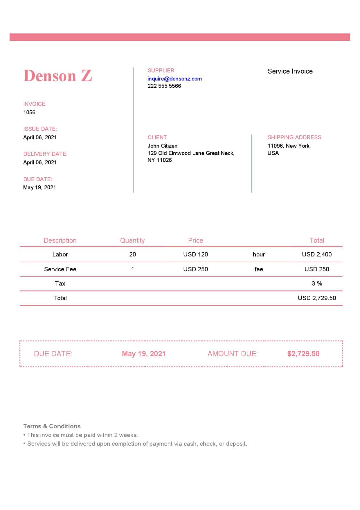 USA Denson Z invoice template in Word and PDF format, fully editable USA Denson Z invoice template in Word and PDF format, fully editable