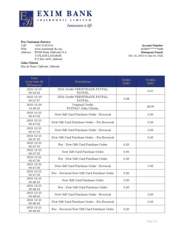 Djibouti Exim bank statement template in Word and PDF format