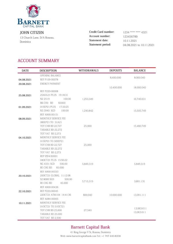 Dominica Barnett Capital bank statement template in Word and PDF format