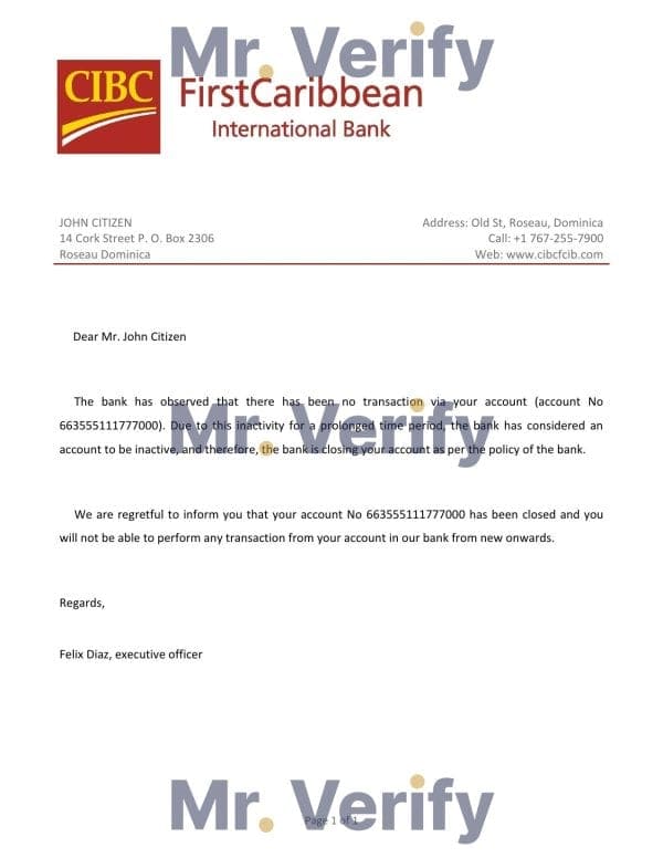 Dominica CIBC First Caribbean International bank account closure reference letter template in Word and PDF format