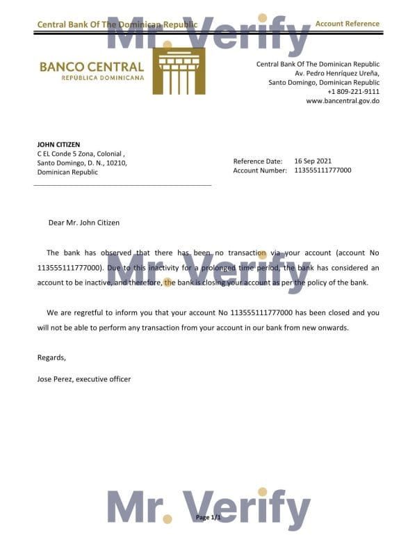 Dominica Central Bank Of The Dominican Republic bank account closure reference letter template in Word and PDF format