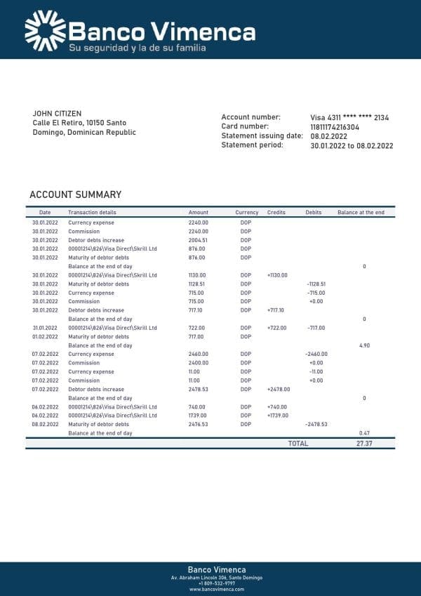 Dominican Republic Banco Vimenca proof of address bank statement template in Word and PDF format
