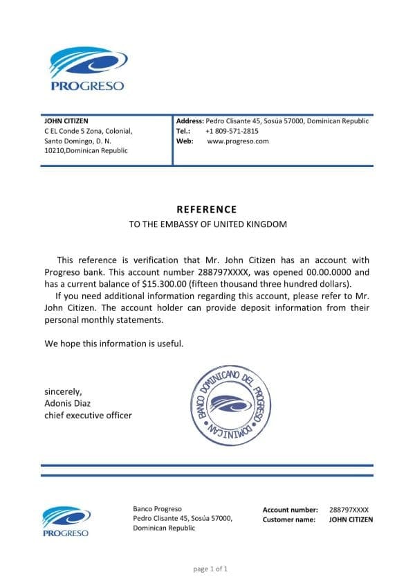 Dominican Republic Banco Progreso bank account balance reference letter template in Word and PDF format Dominican Republic Banco Progreso bank account balance reference letter template in Word and PDF format
