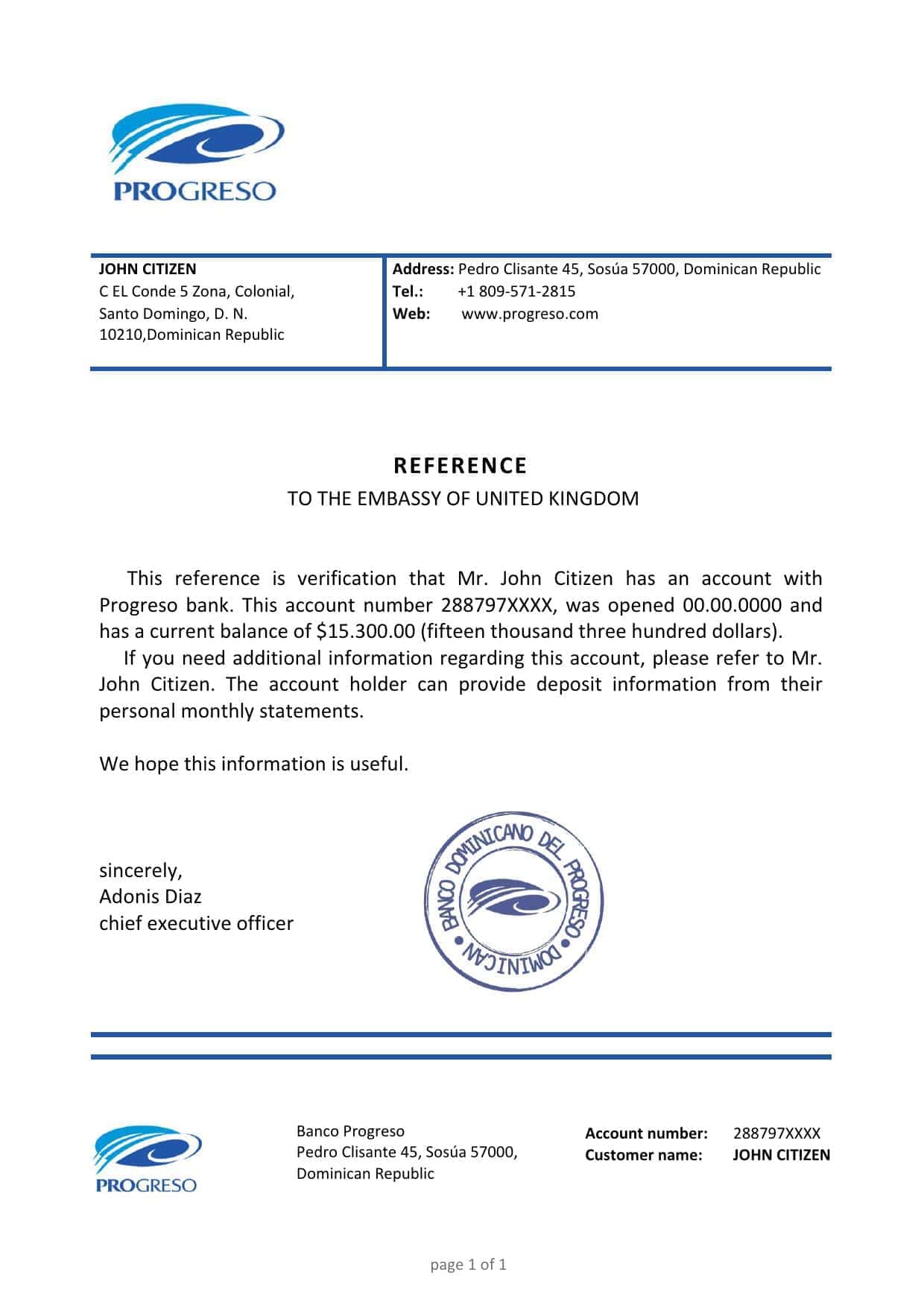 Dominican Republic Banco Progreso bank account balance reference letter template in Word and PDF format Dominican Republic Banco Progreso bank account balance reference letter template in Word and PDF format