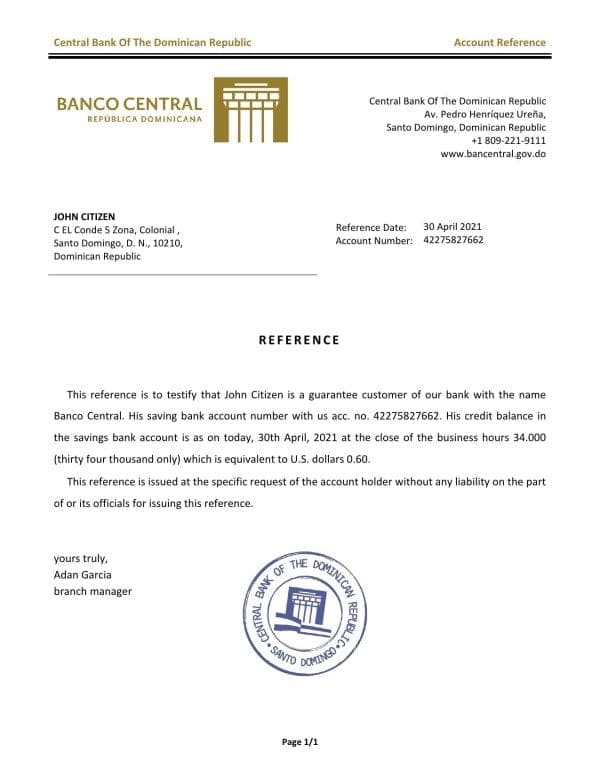 Dominica Central Bank Of The Dominican Republic bank account balance reference letter template in Word and PDF format Dominica Central Bank Of The Dominican Republic bank account balance reference letter template in Word and PDF format