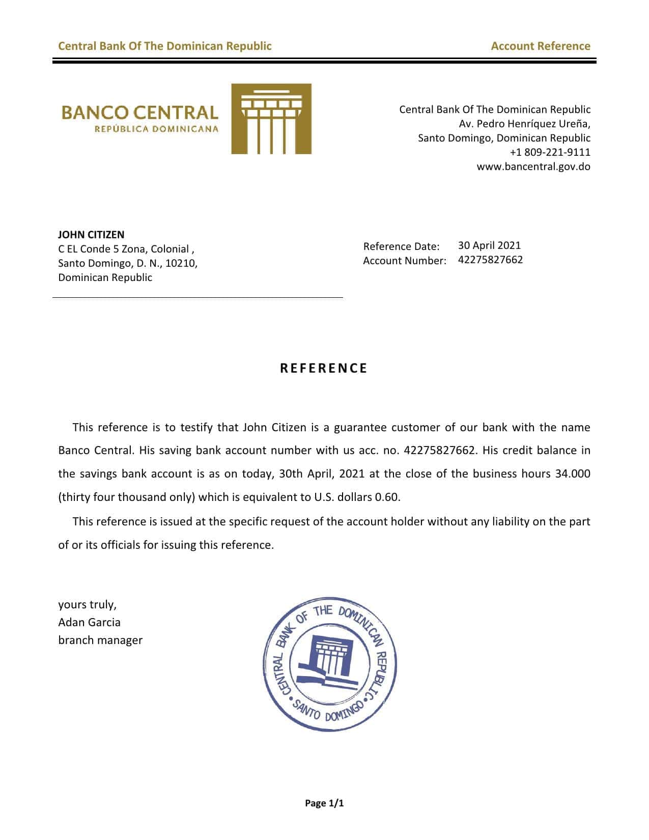 Dominica Central Bank Of The Dominican Republic bank account balance reference letter template in Word and PDF format Dominica Central Bank Of The Dominican Republic bank account balance reference letter template in Word and PDF format