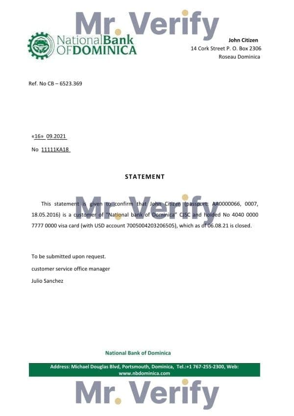 Dominica National Bank of Dominica bank account closure reference letter template in Word and PDF format
