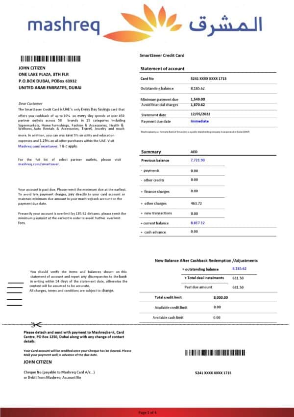 Dubai-Mashreq-bank-statement-4-pages_000001.jpg UAE Mashreq bank statement template in Word and PDF format, 4 pages