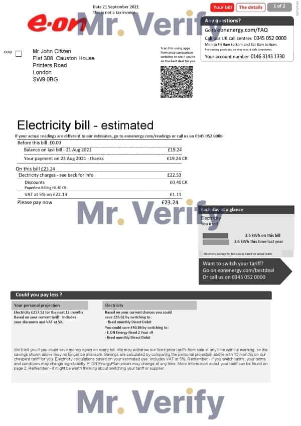 E.on_-electricity-original.jpg United Kingdom E.ON electricity utility bill template in Word and PDF format, 2 pages, version 1