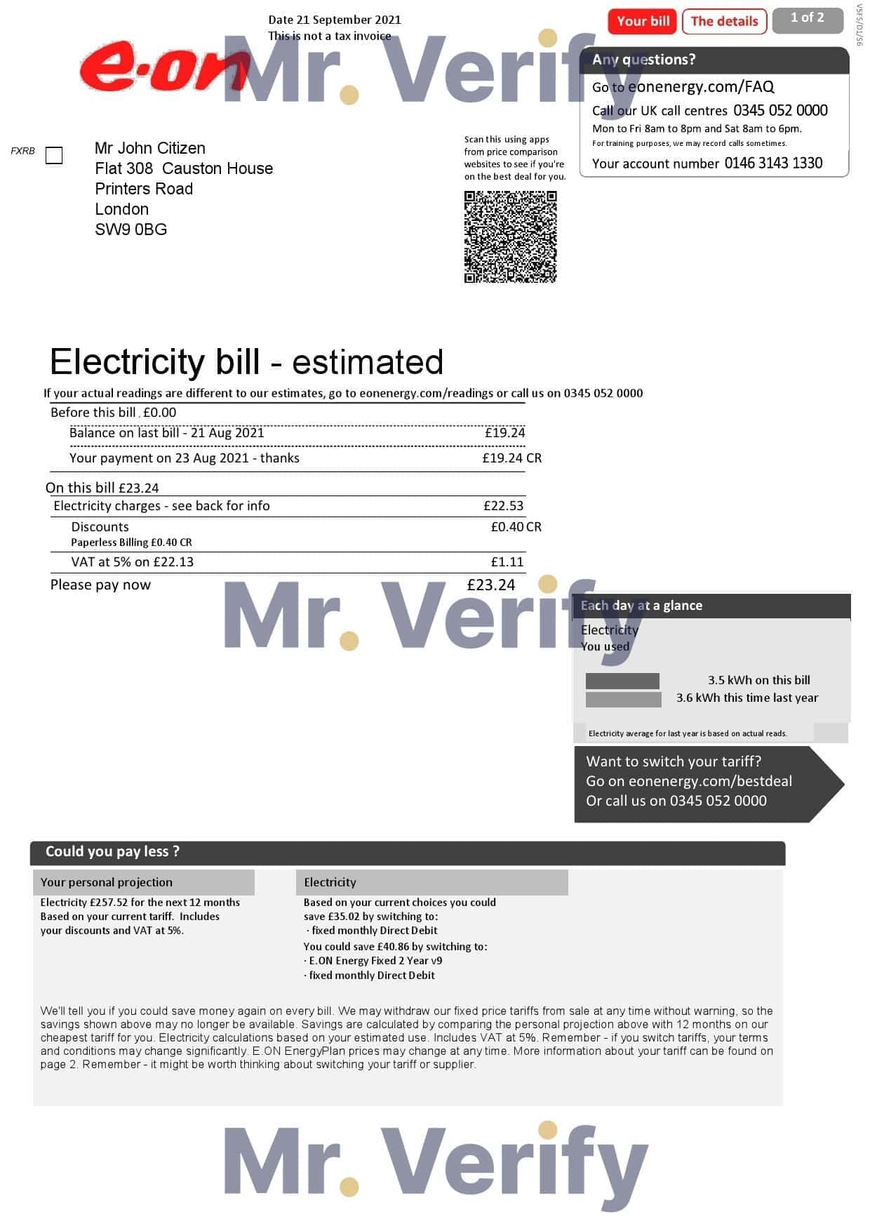 E.on_-electricity-original.jpg United Kingdom E.ON electricity utility bill template in Word and PDF format, 2 pages, version 1
