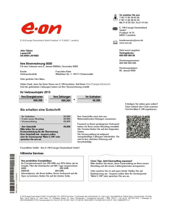 Germany E.ON Energie electricity utility bill template in Word and PDF format