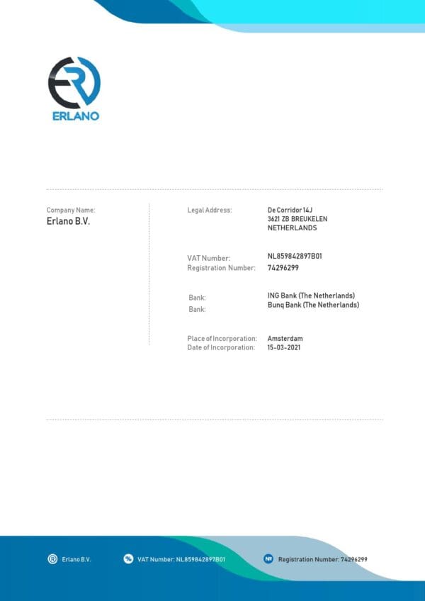 Netherlands ERLANO B. V. company payment invoice template in Word and PDF format, fully editable Netherlands ERLANO B. V. company payment invoice template in Word and PDF format, fully editable