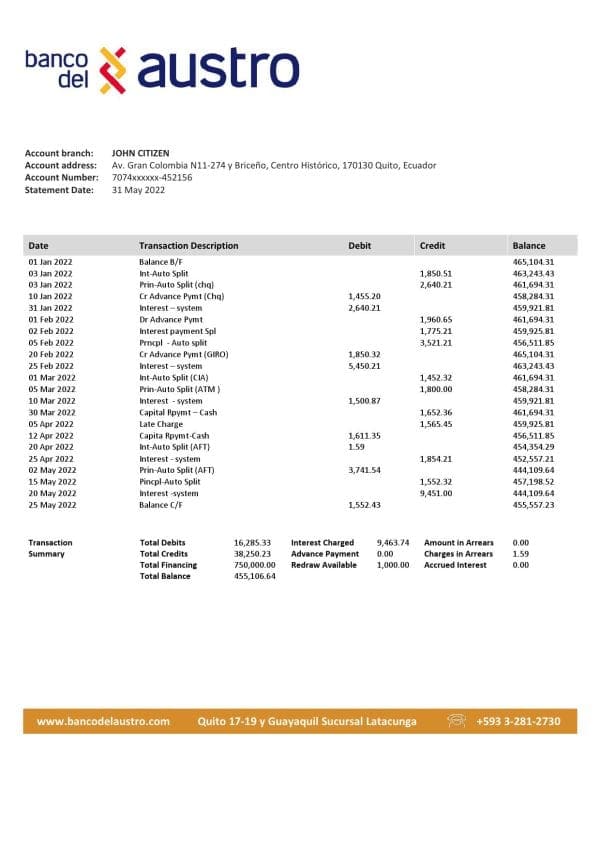 Ecuador Banco del Austro proof of address bank statement template in Word and PDF format