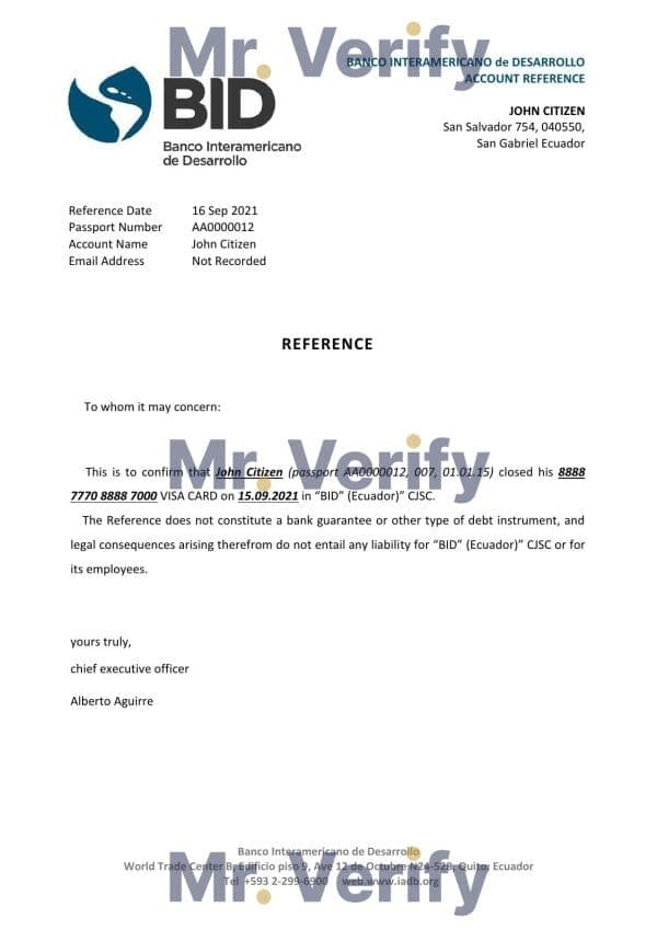Ecuador Banco Interamericano de Desarrollo (BID) bank account closure reference letter template in Word and PDF format