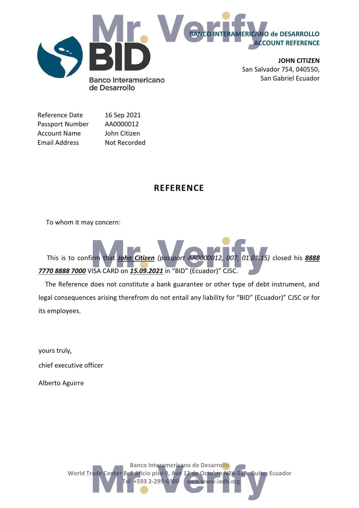 Ecuador Banco Interamericano de Desarrollo (BID) bank account closure reference letter template in Word and PDF format Ecuador Banco Interamericano de Desarrollo (BID) bank account closure reference letter template in Word and PDF format