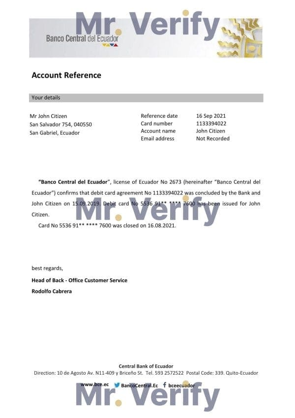 Ecuador Central Bank of Ecuador bank account closure reference letter template in Word and PDF format