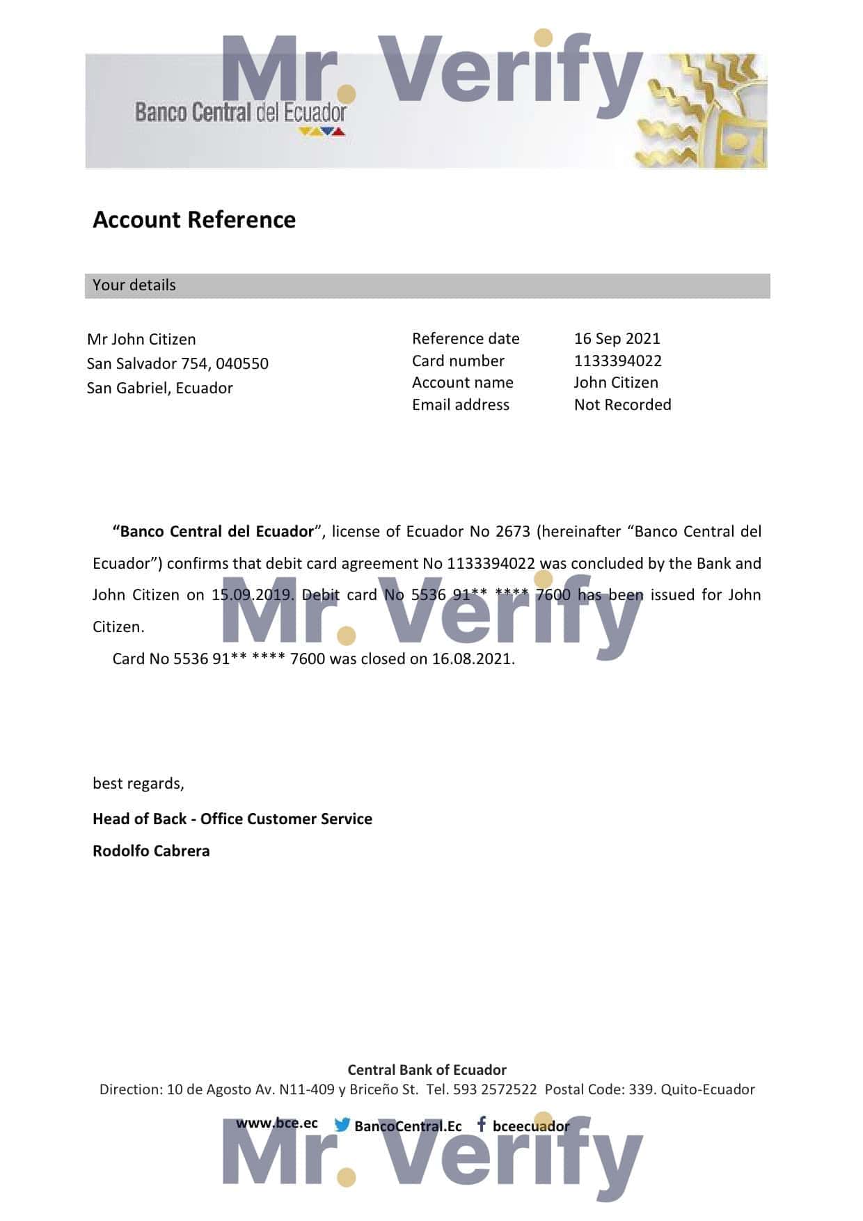 Ecuador Central Bank of Ecuador bank account closure reference letter template in Word and PDF format Ecuador Central Bank of Ecuador bank account closure reference letter template in Word and PDF format
