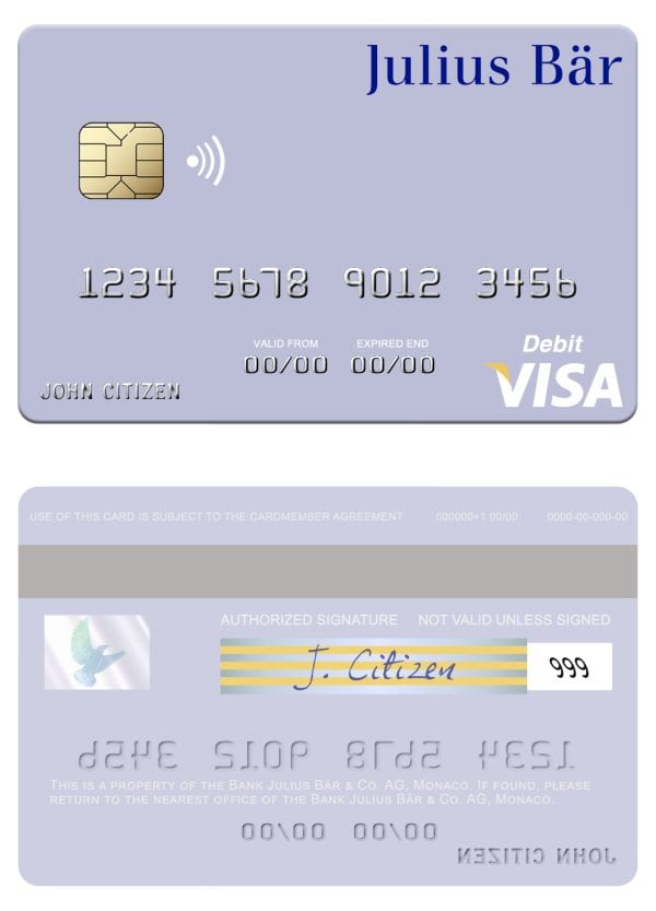 Editable Monaco Julius Bär & Co. AG bank visa debit card Templates Editable Monaco Julius Bär & Co. AG bank visa debit card Templates