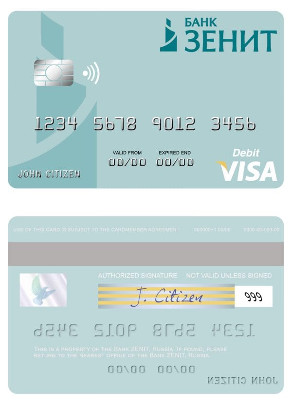 Editable Russia Bank ZENIT visa debit card Templates Editable Russia Bank ZENIT visa debit card Templates